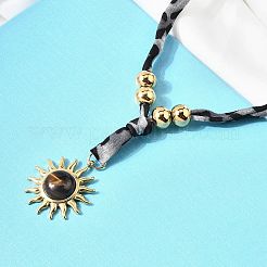 Colliers en acier inoxydable 304 avec pendentif soleil œil de tigre naturel imprimé léopard et cordon en polyester pour femmes&nbsp;NJEW-A063-06G