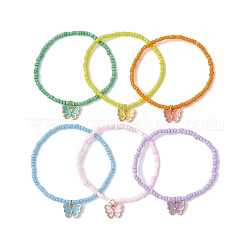 Set di braccialetti elasticizzati con semi di vetro da 6 pezzo e 6 colori, con ciondoli a farfalla in lega smaltata, colore misto, diametro interno: 2-1/8 pollice (5.5 cm), 1pc / color