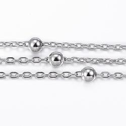 304 Stainless Steel Cable Chains, Satellite Chains, with Steel Beads, Soldered, with Spool, Flat Oval, Stainless Steel Color, 2.5x1.5x0.3mm, about 32.8 Feet(10m)/roll