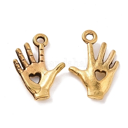 Pendente in lega stile tibetano, mano con ciondoli a cuore scavato, oro antico, 18.5x12.5x2.5mm, Foro: 1.6 mm, circa 1136pcs/1000g