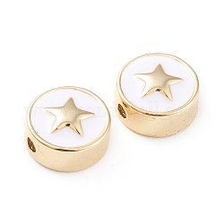 Brass Enamel Beads, Long-Lasting Plated, Flat Round with Star, White, Real 18K Gold Plated, 11x5mm, Hole: 1.8mm