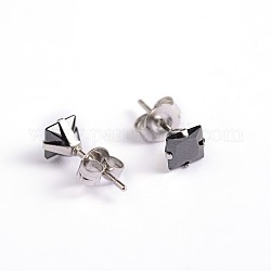 Square Cubic Zirconia Stud Earrings, with 304 Stainless Steel Pins, Black, 3.5x3mm, Pin: 0.9mm