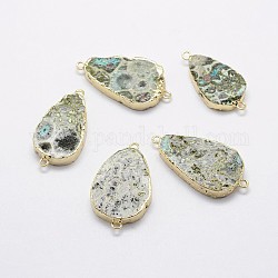 Liens / connecteurs en cristal de quartz druzy naturel, avec accessoires en laiton, goutte , or, 34~40x17~22x5.5mm, Trou: 1.5mm