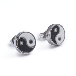 Clous d'oreilles en acier inoxydable feng shui 304, avec émail et poussoirs d'oreilles, yin yang, couleur inoxydable, 9.7mm, pin: 0.6 mm