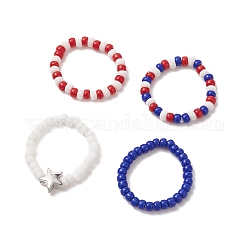 4Pcs 4 Style Independence Day Glass Seed Stretch Finger Rings Set with Brass Star Beaded for Women, Mixed Color, US Size 7(17.3mm), 1Pc/style