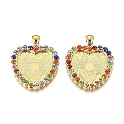 Electrophoresis Alloy Pendant Cabochon Settings, Plain Edge Bezel Cups, with Rhinestone, Heart, Colorful, Golden, Tray: 23.5x24.5mm, 42x33.5x3.5mm, Hole: 4x5mm