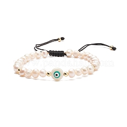 Bracelet en perles tressées coquillage naturel et perle, bracelet réglable mauvais œil pour femme, sarcelle, diamètre intérieur: 2-1/4~4 pouce (5.8~10 cm)