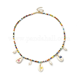 Collar de babero de perlas y mal de ojo de concha natural con cadenas de cuentas de semillas de vidrio, colorido, 17.76 pulgada (45.1 cm)