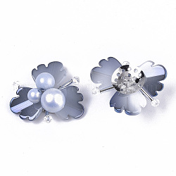 Cabuchones de cristal, con configuraciones de disco perforado de acrílico y platino plateado, flor, azul acero claro, 27~30x29~31x14mm