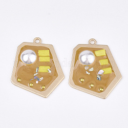 Epoxy Resin Pendants, with ABS Plastic Imitation Pearl & Glass & Shell, Alloy Findings and Enamel, Polygon, Matte Gold Color, Gold, 37x35x5.5mm, Hole: 2mm
