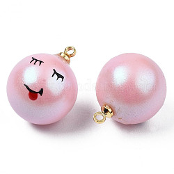 ABS Plastic Imitation Pearl Pendants, with Enamel and Golden Plated Brass Loops, Round with Expression, Pink, 17x14mm, Hole: 1.4mm
