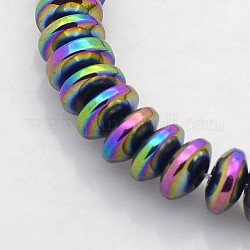Nichtmagnetische synthetische Hämatit-Rondell-Perlenstränge galvanisieren, Regenbogen plattiert, 6x3 mm, Bohrung: 1 mm, ca. 140 Stk. / Strang, 15.7 Zoll