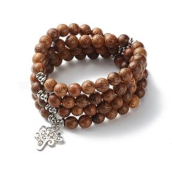 Natural Wenge Wood Beads Stretch Bracelet for Men Women, Tree of Life 304 Stainless Steel Pendant 4 Layer Wrap Bracelet, 30-1/4 inch(77cm)
