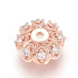 Chapeaux de perles en zircon cubique micro pavé en laiton à pétales multiples, fleur, clair, Véritable plaqué or rose, 10x4mm, Trou: 1.2mm