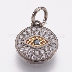 Brass Micro Pave Cubic Zirconia Charms, Lead Free & Cadmium Free, Flat Round with Eye, Gunmetal, 12x2.5mm, Hole: 3.8mm