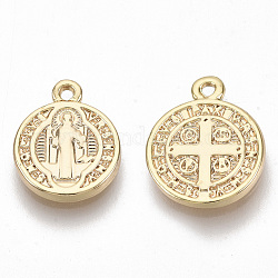 Charms in ottone, per la religione, nichel libero, piatto rotondo con medaglia di San Benedetto, vero placcato oro 18k, 13x10.5x1.5mm, Foro: 1 mm
