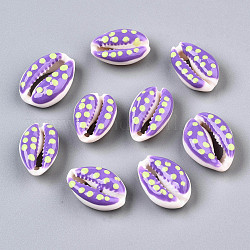 Natural Cowrie Shell Beads, with Enamel Polka Dot Pattern, No Hole/Undrilled, Dark Orchid, 16~19x10~12.5x7mm