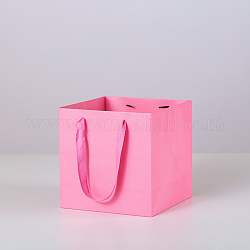 Einfarbige Geschenktüten aus Kraftpapier mit Bandgriffen, für geburtstag hochzeit weihnachtsfeier einkaufstaschen, Viereck, neon rosa , 15x15x15 cm