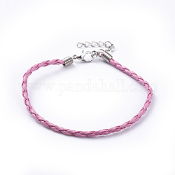 Trendy Braided Imitation Leather Bracelet Making, with Iron Lobster Claw Clasps and End Chains, Pink, 200x3mm