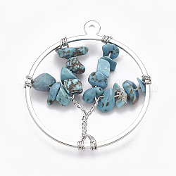 Brass Wire Wrapped Pendants, with Dyed Synthetic Turquoise Chip Beads, Ring with Tree, Platinum, 35x30x5~10mm, Hole: 1mm