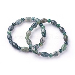 Natural Moss Agate Beads Stretch Bracelets, Rice with Round, 2-1/4 inch(5.7cm)