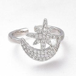 Латунные кольца из манжеты с прозрачным цирконием, открытые кольца, долговечный, звезды с луной, платина, размер США 8 1/4 (18.3 мм)
