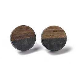 Плоские круглые серьги-гвоздики из смолы и орехового дерева с 304 штифтом из нержавеющей стали для женщин, чёрные, 15 мм, штифты : 0.6 мм