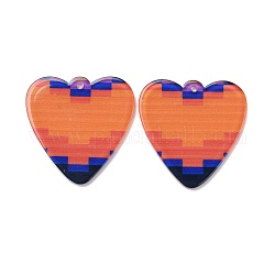 Pendentifs acryliques imprimés transparents, coeur avec motif tartan, orange, 40x40x3mm, Trou: 1.8mm