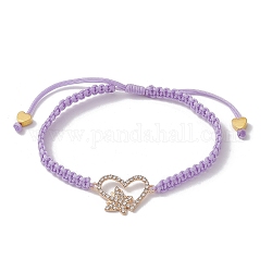 Bracelet à maillons coeur en alliage de strass, bracelet réglable tressé en fil de nylon, lilas, diamètre intérieur: 2-1/8~3-3/8 pouce (5.5~8.6 cm)