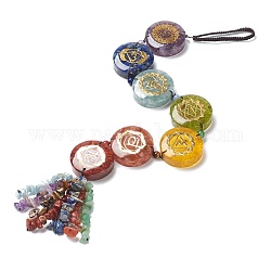 Décorations de pendentifs suspendus chakra pierres précieuses naturelles, avec cordon en nylon, plat rond & chips, 445mm