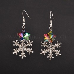 Christmas Alloy Snowflake Dangle Earrings, with Star Electroplated Glass Beads and Brass Earring Hooks, Colorful, 50mm, Pin: 0.7mm