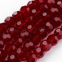 Hilos de cuentas de vidrio transparente, imitar cristal austriaco, facetas (32 facetas), redondo, de color rojo oscuro, 4mm, agujero: 1 mm, aproximamente 96~100 pcs / cadena, 14~14.5 pulgada