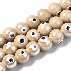 Brins de perles en céramique de porcelaine faites à la main, porcelaine émaillée lumineux, ronde avec le mauvais œil, burlywood, 10.5mm, Trou: 1.8mm, Environ 32 pcs/chapelet, 12.01 pouce (30.5 cm)