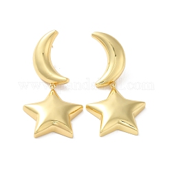 Aretes colgantes de estrella y luna de latón chapado de larga duración para mujer, sin plomo y cadmio, real 18k chapado en oro, 49mm, pin: 1 mm