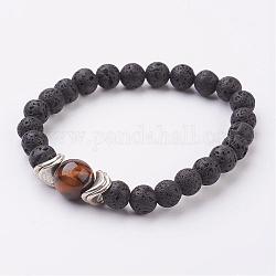 Natural Lava Rock and Tiger Eye Stretch Bracelets, with Alloy Finding, Antique Silver, 2-1/4 inch(56mm)