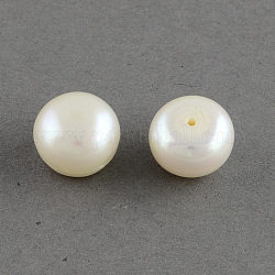 Grade AAAA Natural Cultured Freshwater Pearl Beads, Half Drilled, Flat Round, White, 13~13.5x10.5mm, Half Hole: 1mm