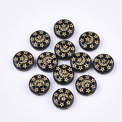 Perles acryliques plaquées, métal enlacée, Plat rond avec lune et étoile, noir, 13x5mm, Trou: 1.5mm