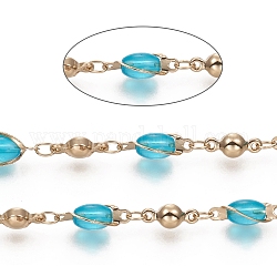 3.28 Feet Soldered Handmade Oval Glass Beaded Chains, with Iron Link, Long-Lasting Plated, Cyan, Light Gold, Oval: 13x6x4.5mm