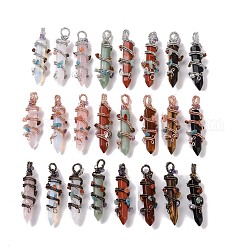 Natural & Synthetic Gemstone Big Pendants, with Mixed Color Plated Rack Plating Brass Findings and Mixed Stone Chip Beads, Cadmium Free & Lead Free, Faceted, Hexagonal Prisms Charm, Mixed Dyed and Undyed, 64~68x16~17x16~17mm, Hole: 7.5mm