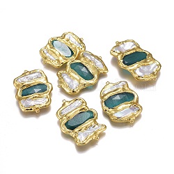 Connettori di collegamenti di perle naturali, con occhi di gatto e dettagli in ottone, sfaccettato, forma di striscia, oro, 40~48x28~29x6.5~7mm, Foro: 1.2 mm