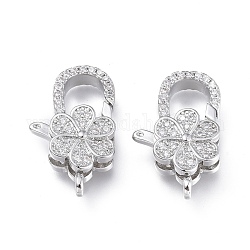 Brass Micro Pave Clear Cubic Zirconia Lobster Claw Clasps, Long-Lasting Plated, Flower, Platinum, 20x13x6.3mm, Hole: 1.8mm
