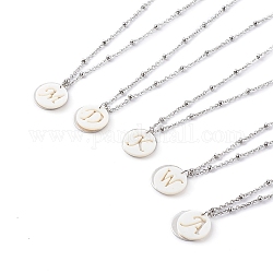 Natural Shell Initial Necklaces, Pendant Necklaces, with 304 Stainless Steel Satellite Chains, Flat Round with Letter, White, Stainless Steel Color, 15.9 inch(40.4cm)