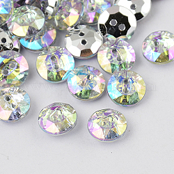 Botones redondos planos del diamante artificial de acrílico de Taiwán de 2-agujero, facetado y plateado plateado hacia atrás, Claro, 21x7mm, agujero: 1 mm