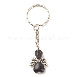 Dyed Synthetic Turquoise Keychains, with CCB Plastic Beads and Iron Split Key Rings, Angel, Black, 8cm
