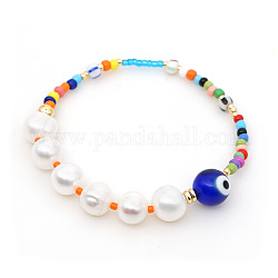 Bracelet extensible perle naturelle et mauvais œil pour femme, colorées, 6-7/8 pouce (17.5 cm)