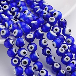 Manuell Murano Glas Perlen, bösen Blick, Runde, Blau, 10 mm, Bohrung: 1.5 mm, ca. 38 Stk. / Strang