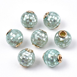 Shell perle bianche naturali, con accessori di ottone, tondo, tinto, acquamarina, 10.5~11x10mm, Foro: 2 mm