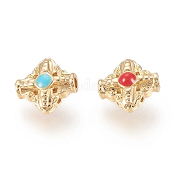 Perline in ottone, con smalto, croce, rosso e turchese, vero placcato oro 18k, 10x10x4.8mm, Foro: 1 mm