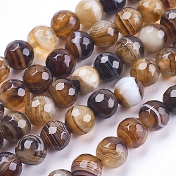 Chapelets de perles en agate à rayures naturelles/agates à bandes, ronde, facette, teinte, brun coco, 8mm, Trou: 1mm, Environ 47~48 pcs/chapelet, 14.8~15.1 pouce (37.7~38.5 cm)