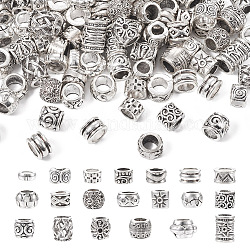 100pcs 20 estilos de cuentas europeas de aleación de estilo tibetano, Abalorios de grande agujero, formas mixtas, plata antigua, 8~12x7~12x3.8~9mm, agujero: 5~6x4.7~5 mm, 5 piezas / style